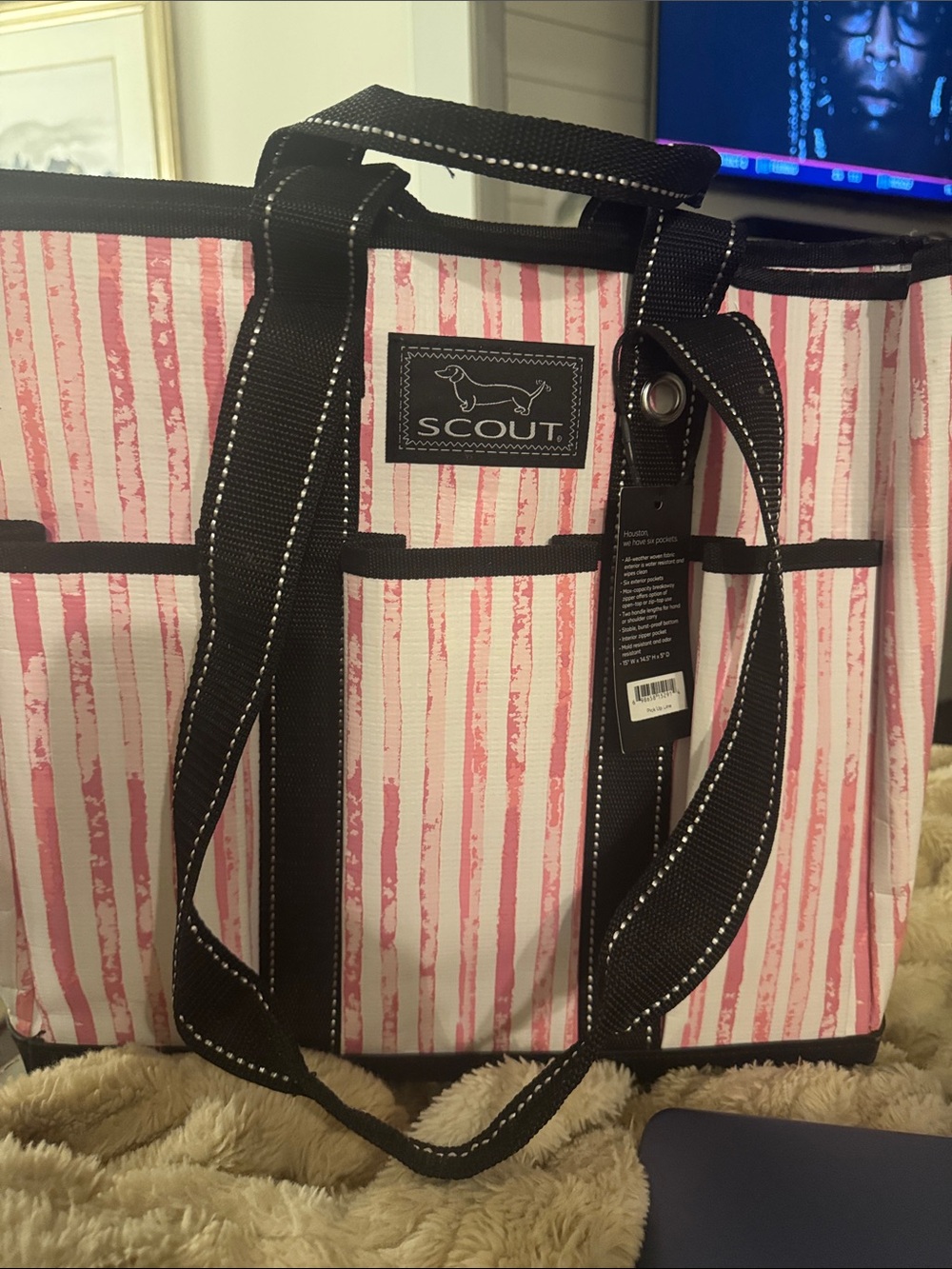SCOUT Pink and White Striped Tote with Black Trim